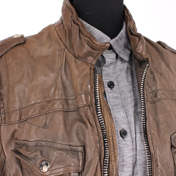 All Saints Post Commander Brown Leather Zip Up Moto Jacket size Medium M - Picture 2 of 6